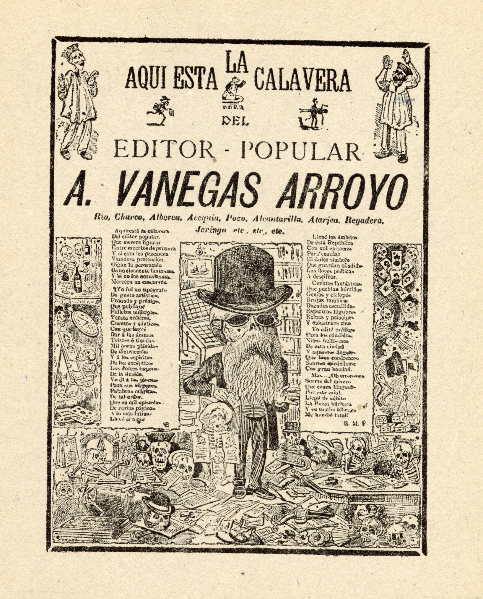 The image is in black and white with a title taking up the top half, with two small skeletons in uniform in both top corners. The bottom half of the image is a cartoonishly proportioned, wearing a suit, hat, and glasses.